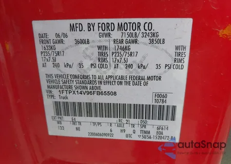 2006 Ford F-150 Fx4/Lariat/Xl/Xlt из США, поврежденный, VIN 1FTPX14V96FB65508